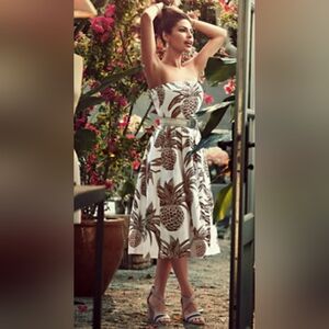 Ny&Co🍍Eva Mendes White & Brown Pineapple Linen Like Midi Strapless Dress Sz S